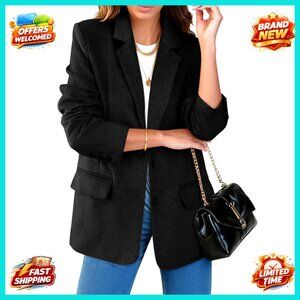 Women's Wool Blend Blazer, Notch Lapel, Open Front, Office Wear